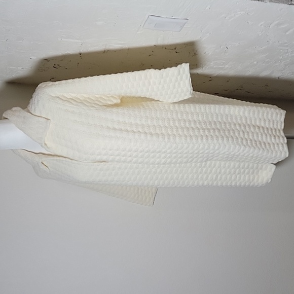 VTG Sweater Cardigan Coat Longline Knit 3/4 Sleeve Open Front Collar 60s Cream M - Picture 3 of 9